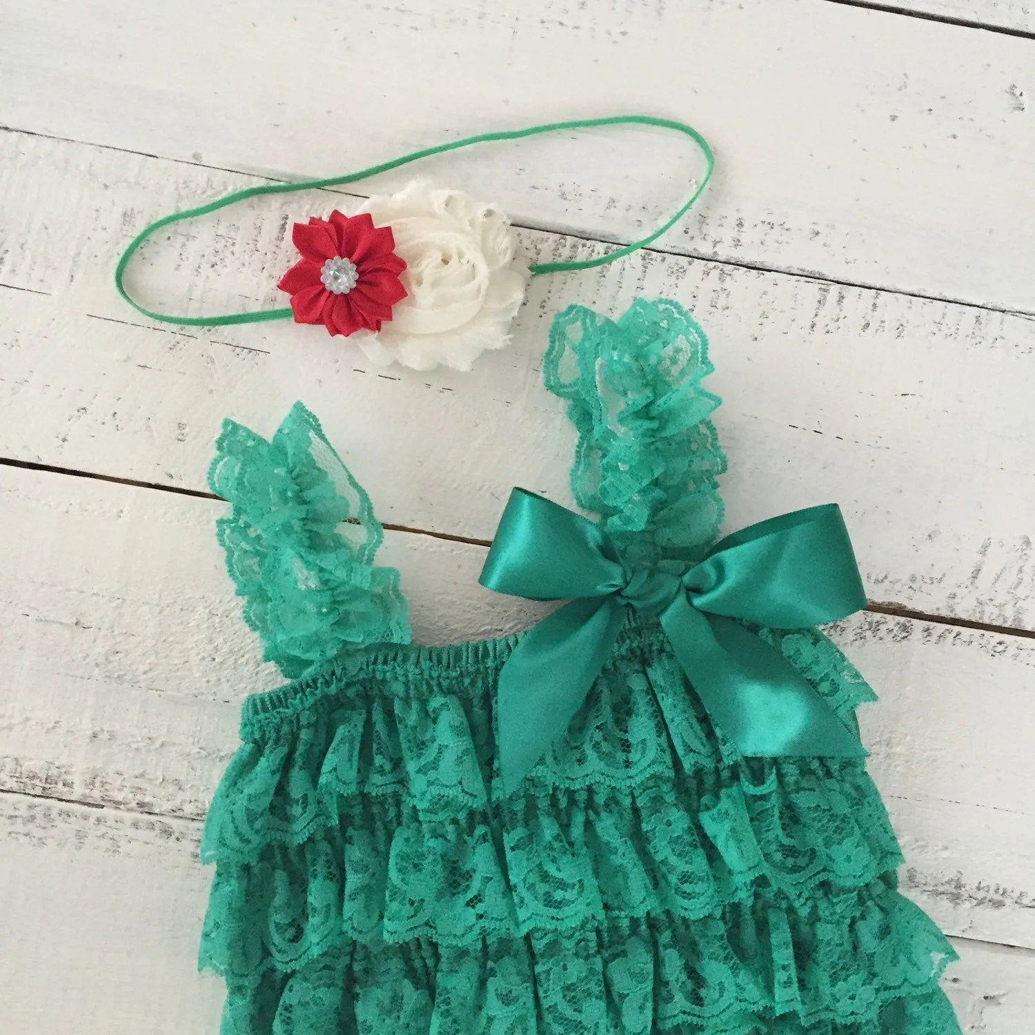 Lace Petti Romper - Embellished Christmas Green with matching headband