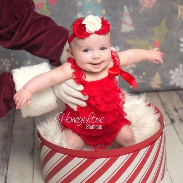 Lace Petti Romper - Embellished Christmas Red Lace Petti Romper and matching red/ivory headband