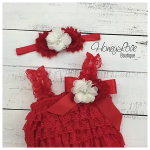 Lace Petti Romper - Embellished Christmas Red Lace Petti Romper and matching red/ivory headband