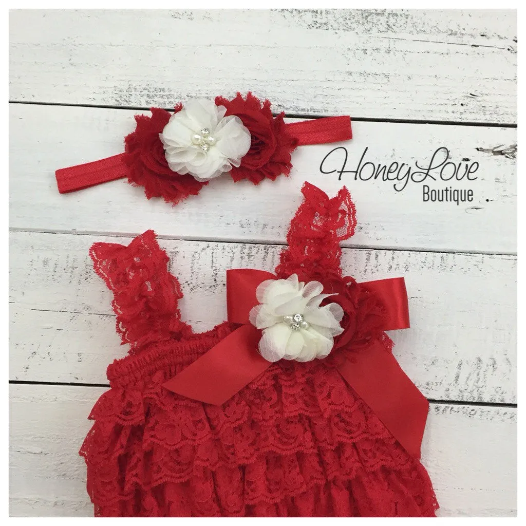 Lace Petti Romper - Embellished Christmas Red Lace Petti Romper and matching red/ivory headband