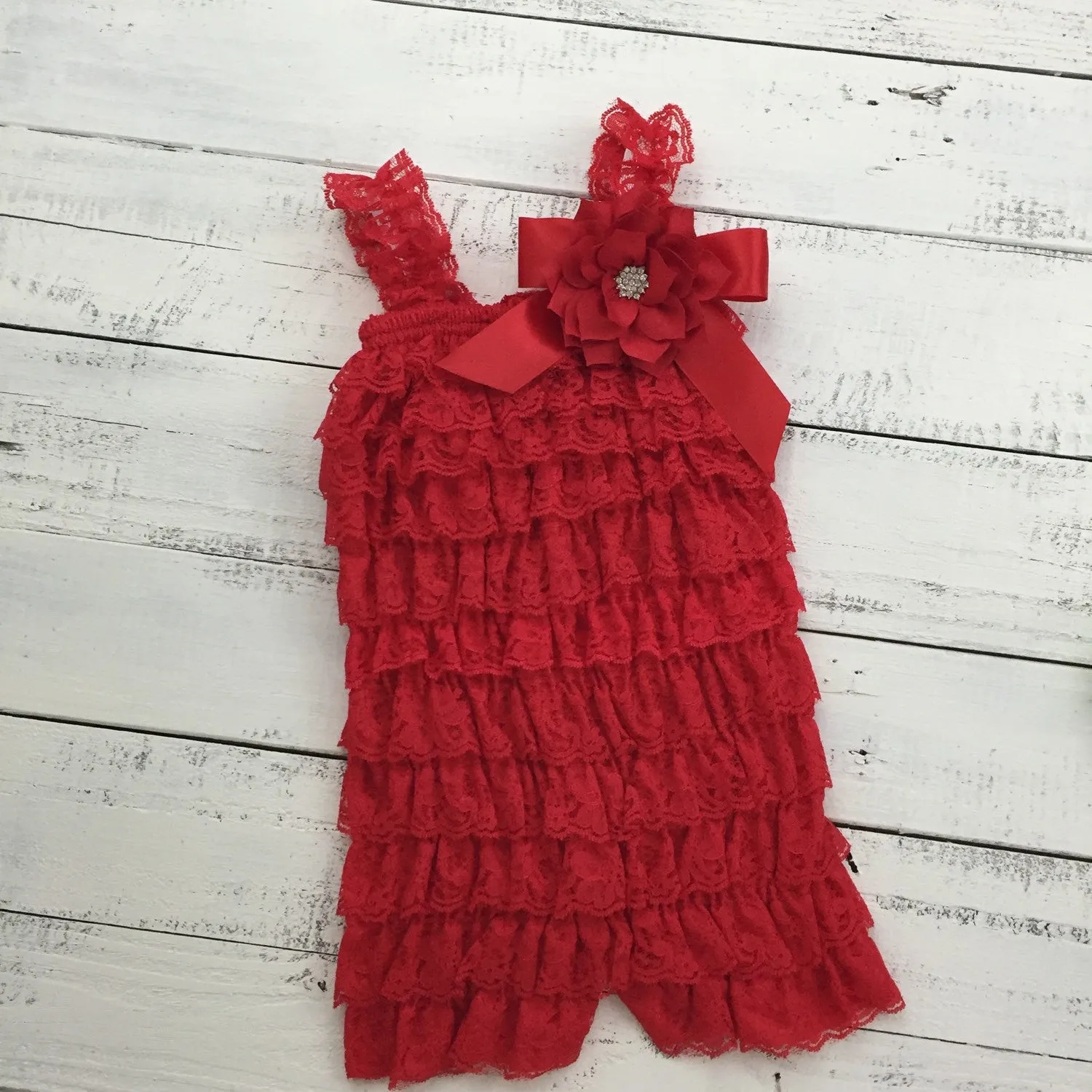 Lace Romper - Christmas Red Lace Petti Romper and matching poinsettia headband