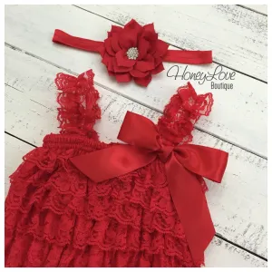 Lace Romper - Christmas Red Lace Petti Romper and matching poinsettia headband