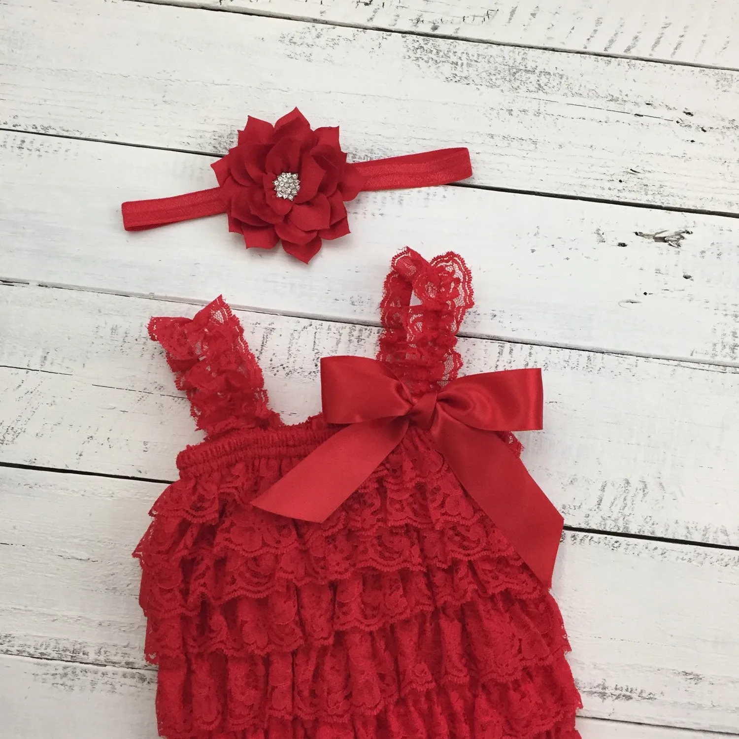 Lace Romper - Christmas Red Lace Petti Romper and matching poinsettia headband