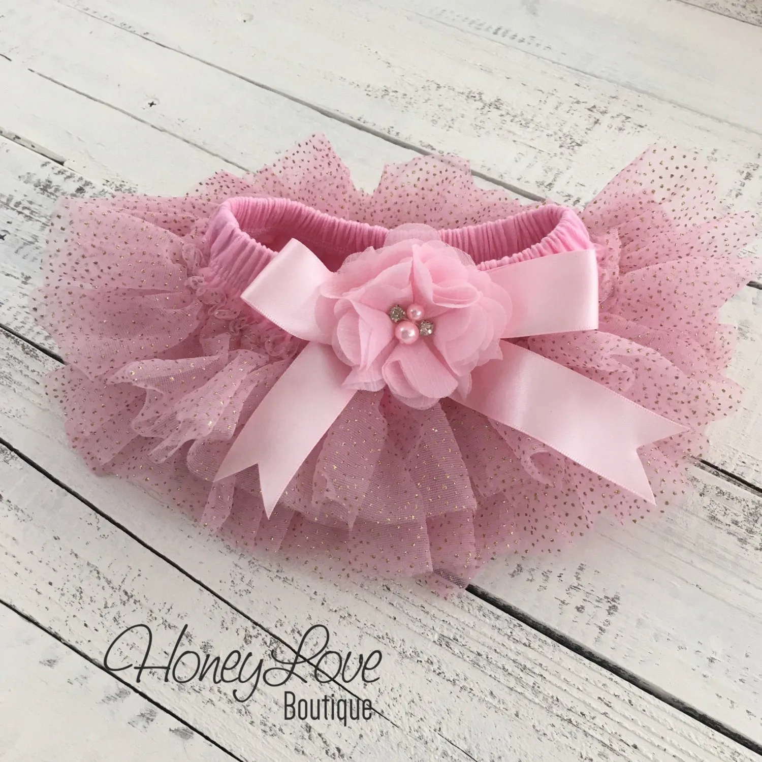 Light Pink with gold glitter embellished tutu skirt bloomers and matching headband