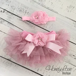 Light Pink with gold glitter embellished tutu skirt bloomers and matching headband