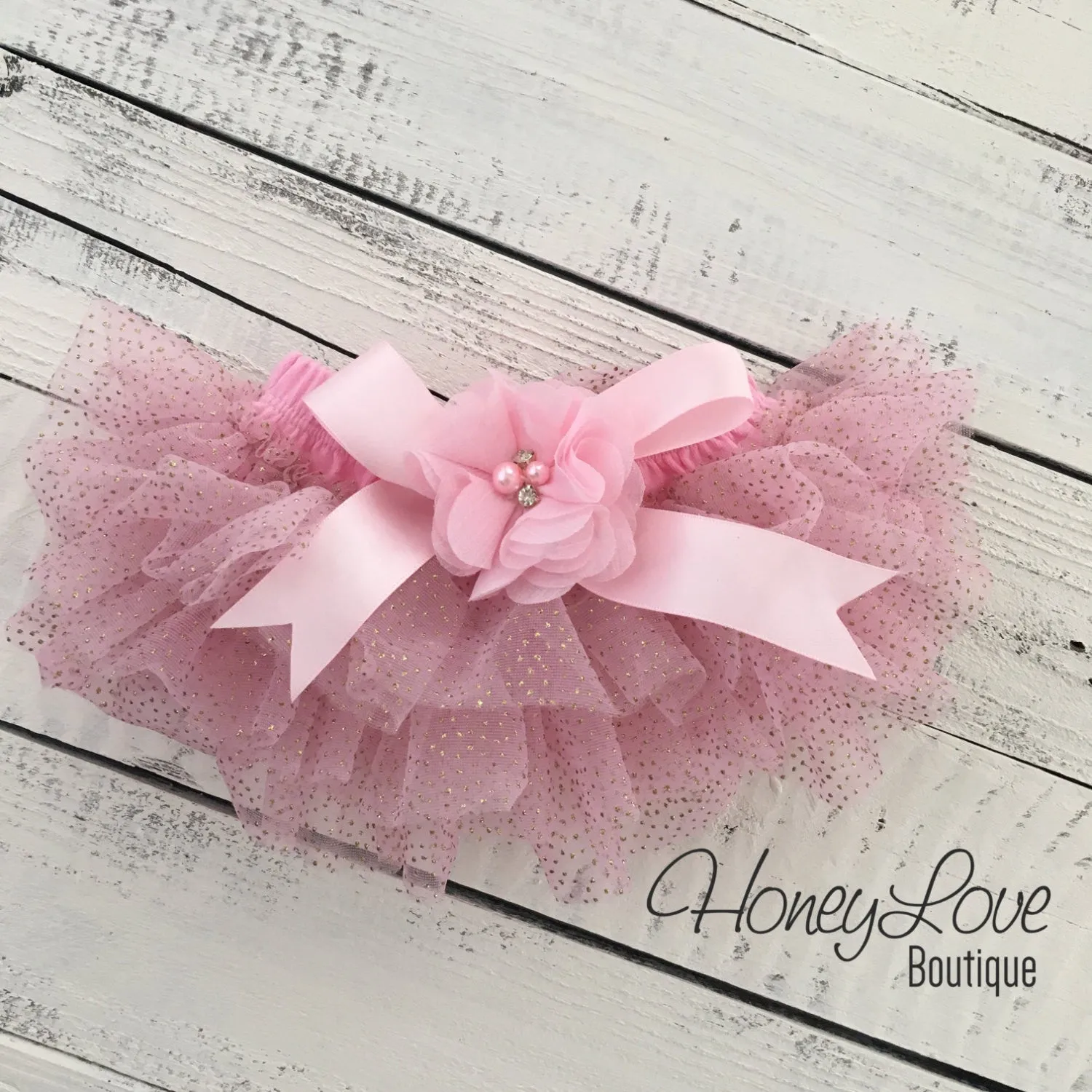 Light Pink with gold glitter embellished tutu skirt bloomers and matching headband