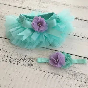 Mint/Aqua and Lavender Purple Embellished tutu skirt bloomers and headband