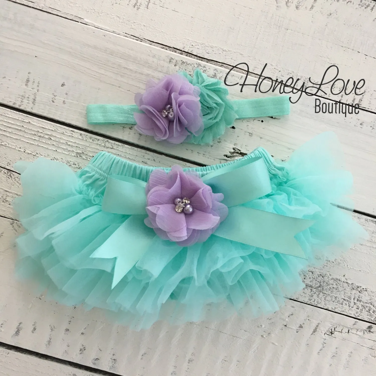 Mint/Aqua and Lavender Purple Embellished tutu skirt bloomers and headband