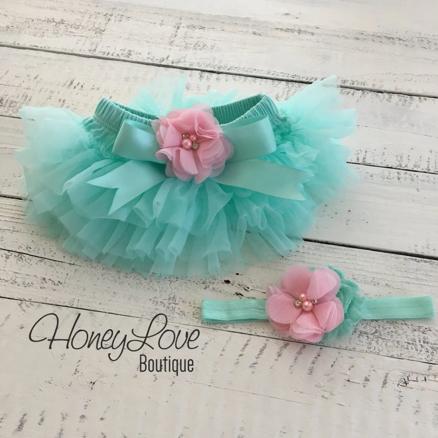 Mint/Aqua and Light Pink Embellished tutu skirt bloomers and headband