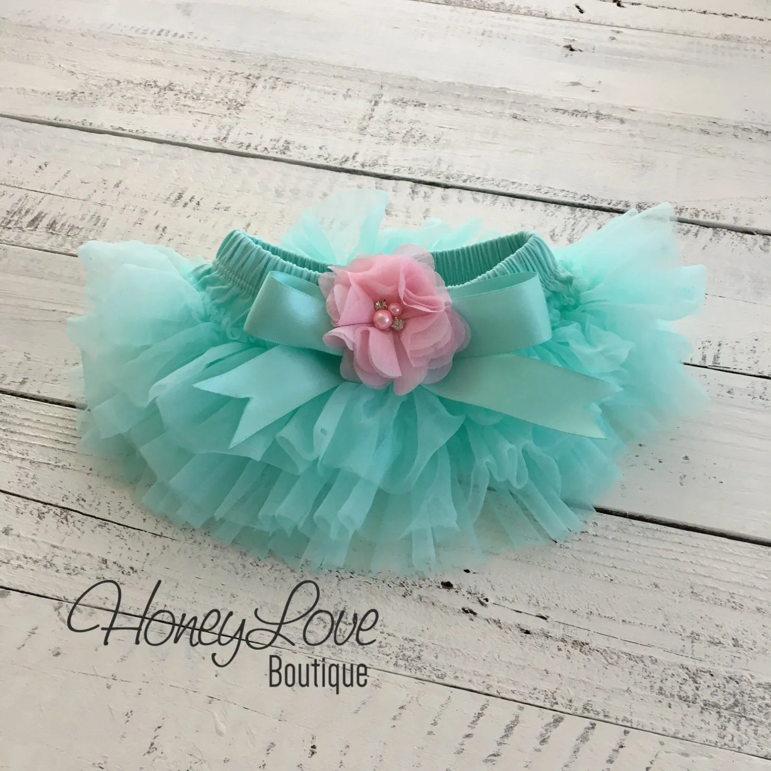 Mint/Aqua and Light Pink Embellished tutu skirt bloomers and headband