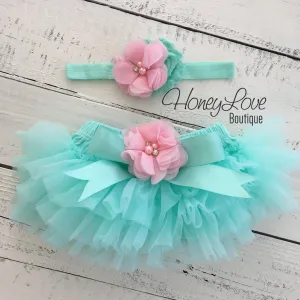 Mint/Aqua and Light Pink Embellished tutu skirt bloomers and headband