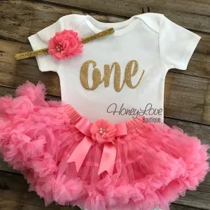 One - Birthday Outfit - Gold glitter and Coral Pink - embellished pettiskirt