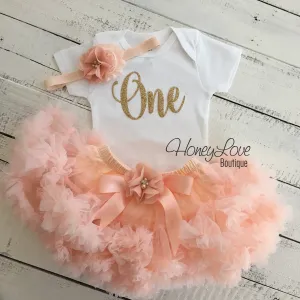 One - Birthday Outfit - Gold glitter and Peach - embellished pettiskirt