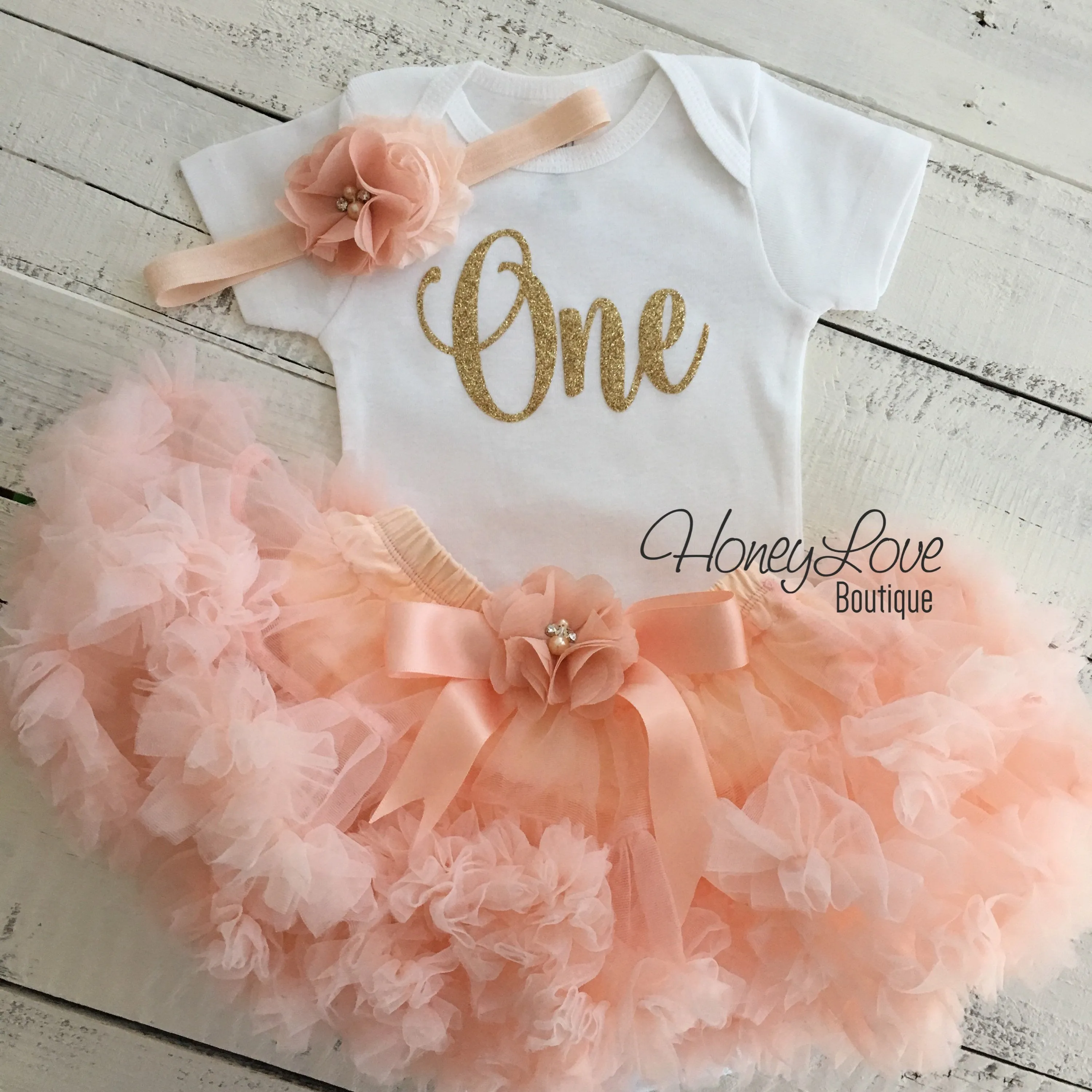 One - Birthday Outfit - Gold glitter and Peach - embellished pettiskirt