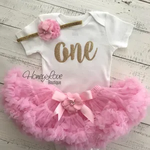 One - Birthday Outfit - Gold or Silver with light pink - embellished pettiskirt