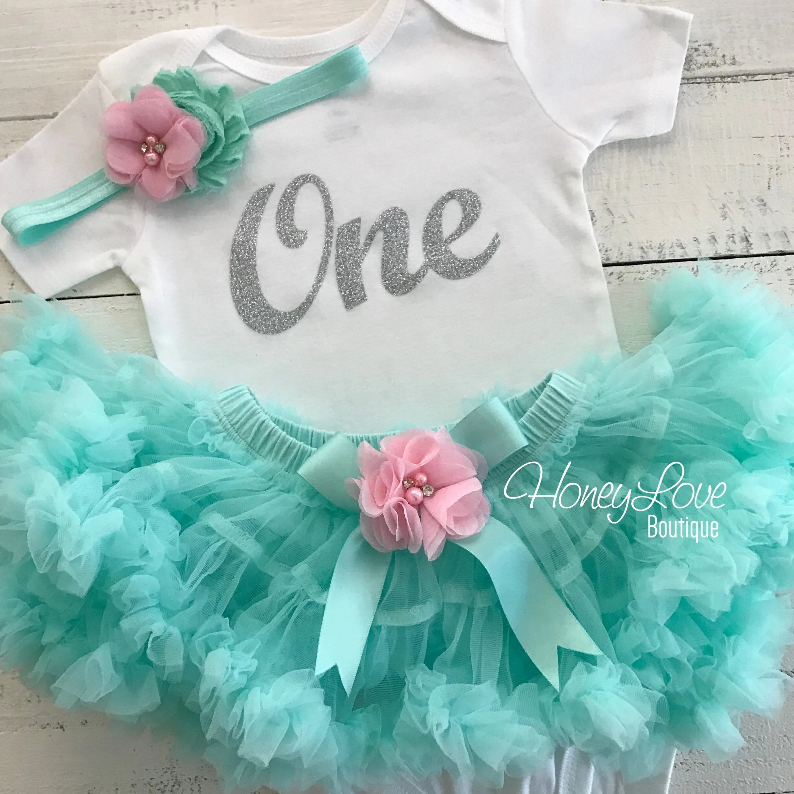 One - Birthday Outfit - Mint/Aqua, Light Pink and Silver/Gold glitter - embellished pettiskirt