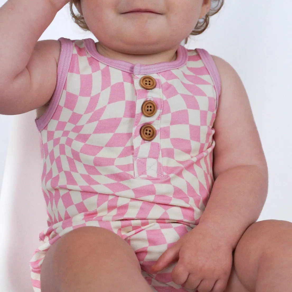 ORGANIC COTTON HENLEY ROMPER- Pink Dizzy Check