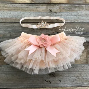 Peach and Gold glitter tutu skirt bloomers and tiara headband - embellished bloomers