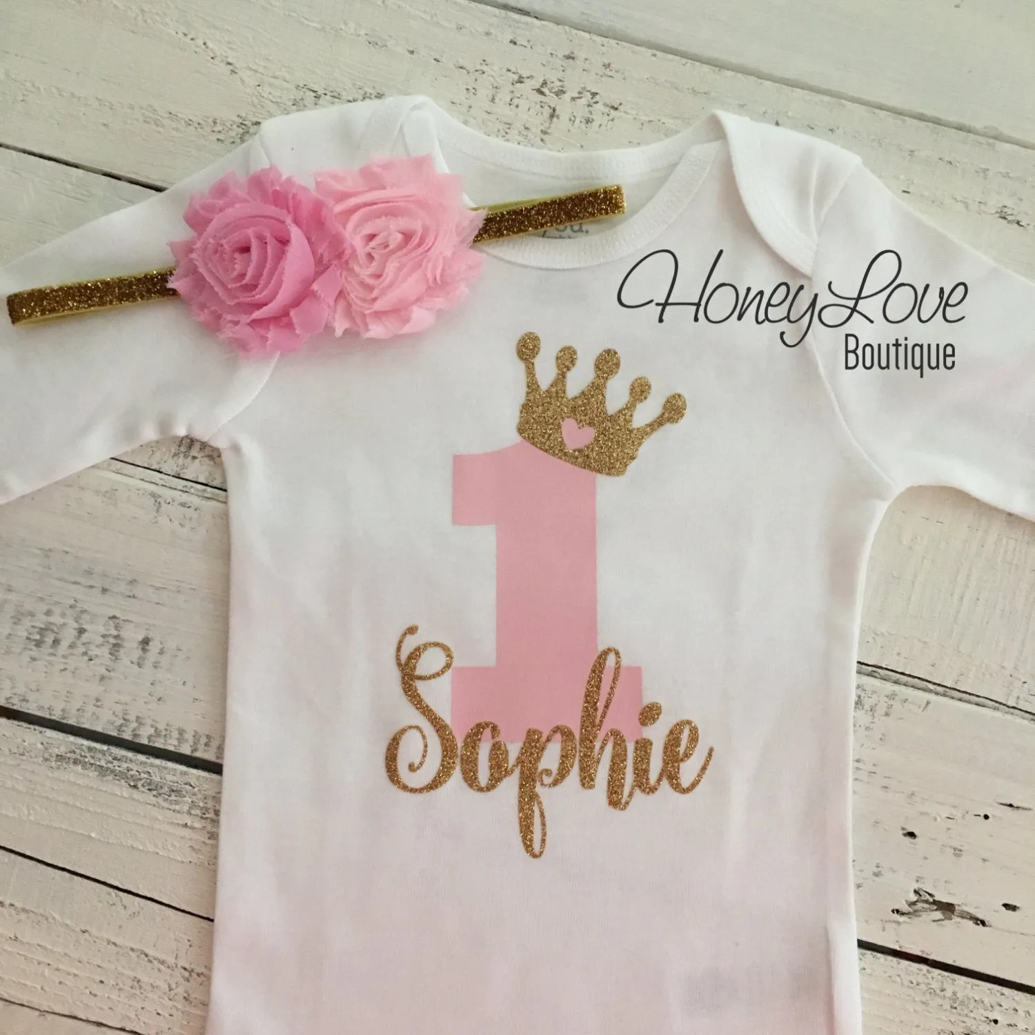 Personalized 1st Birthday Princess outfit - Gold Glitter and Light Pink - embellished pettiskirt