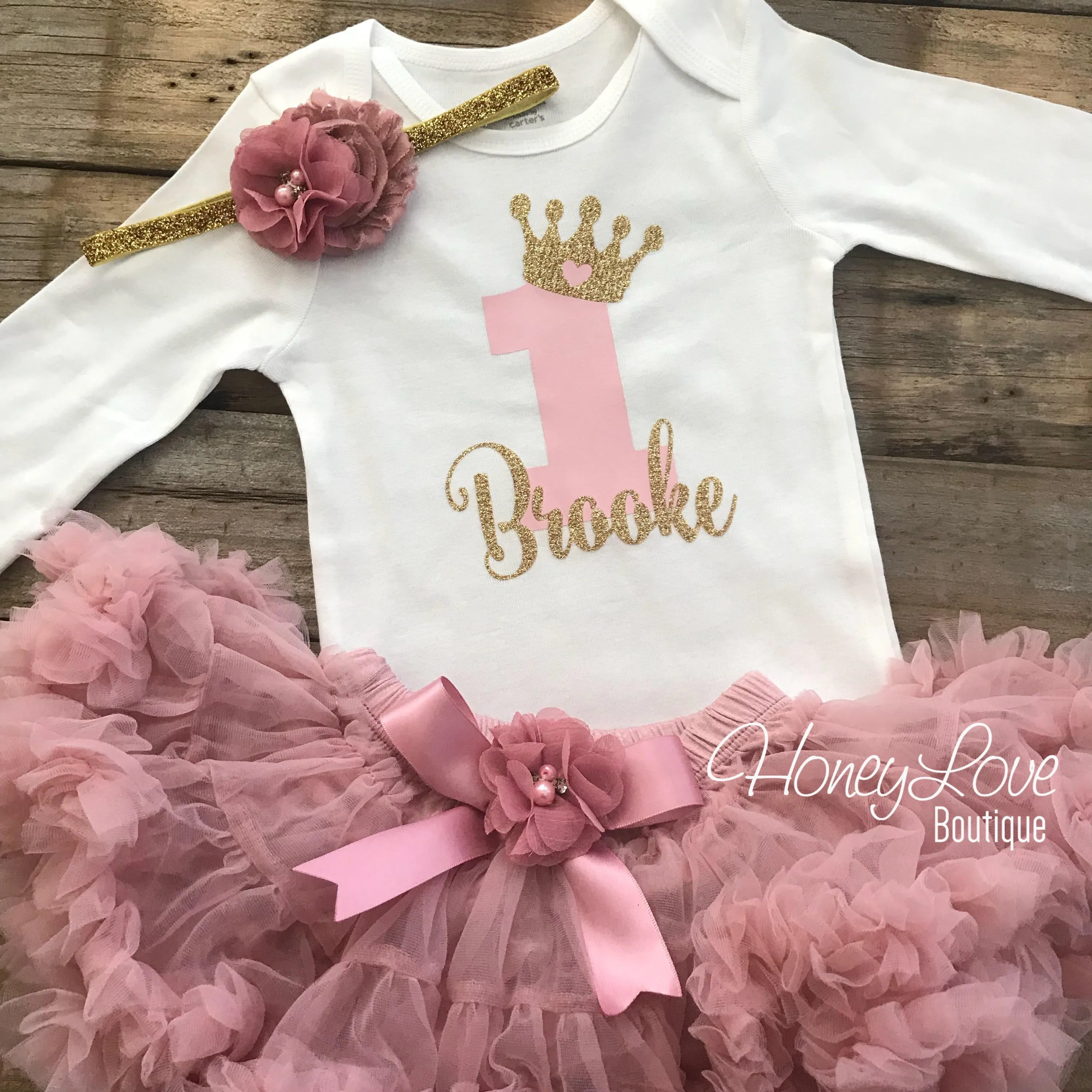 Personalized 1st Birthday Princess outfit - Gold Glitter and Vintage Pink - embellished pettiskirt