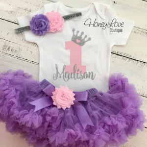 Personalized 1st Birthday Princess outfit - Lavender Purple, Light Pink and Silver/Gold glitter