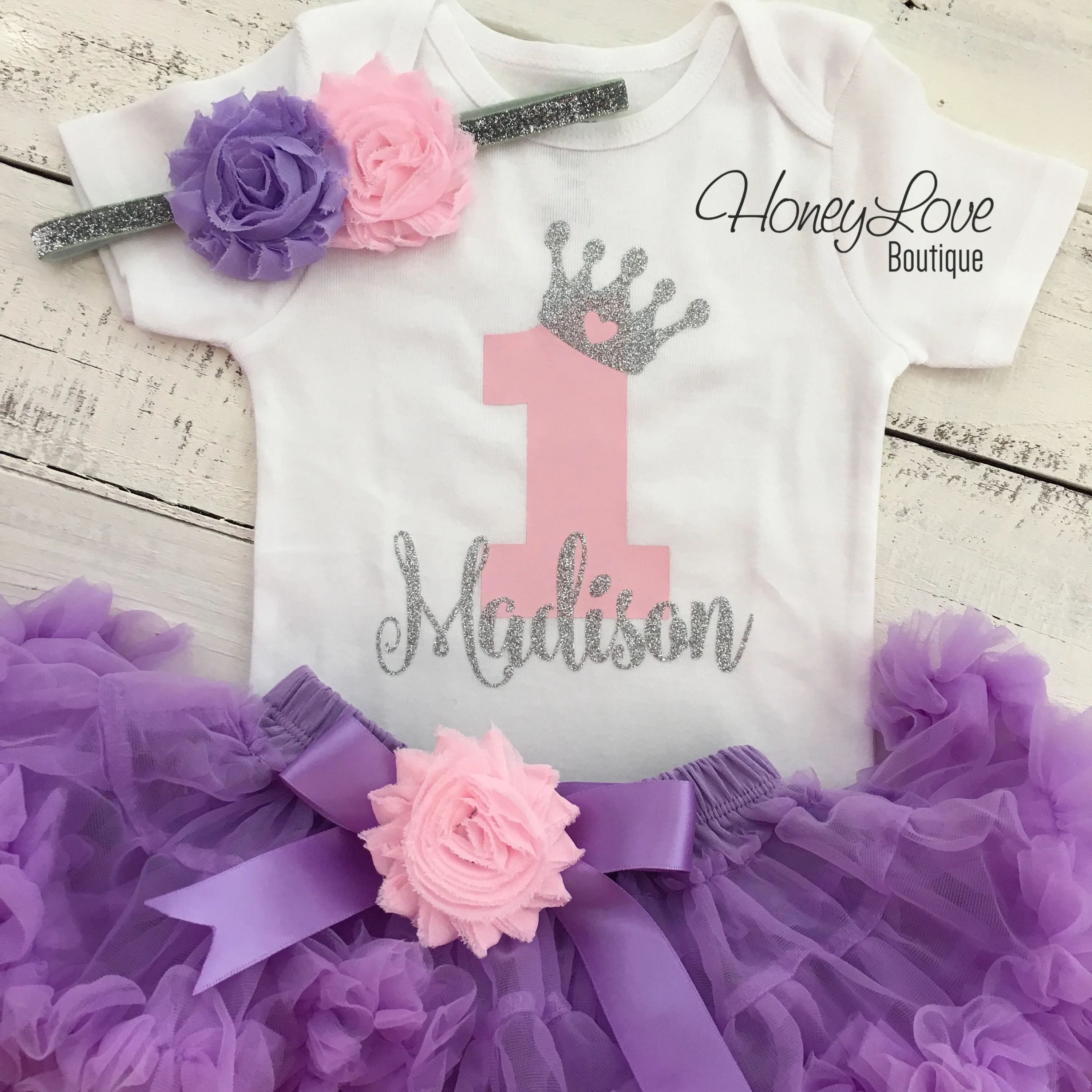 Personalized 1st Birthday Princess outfit - Lavender Purple, Light Pink and Silver/Gold glitter