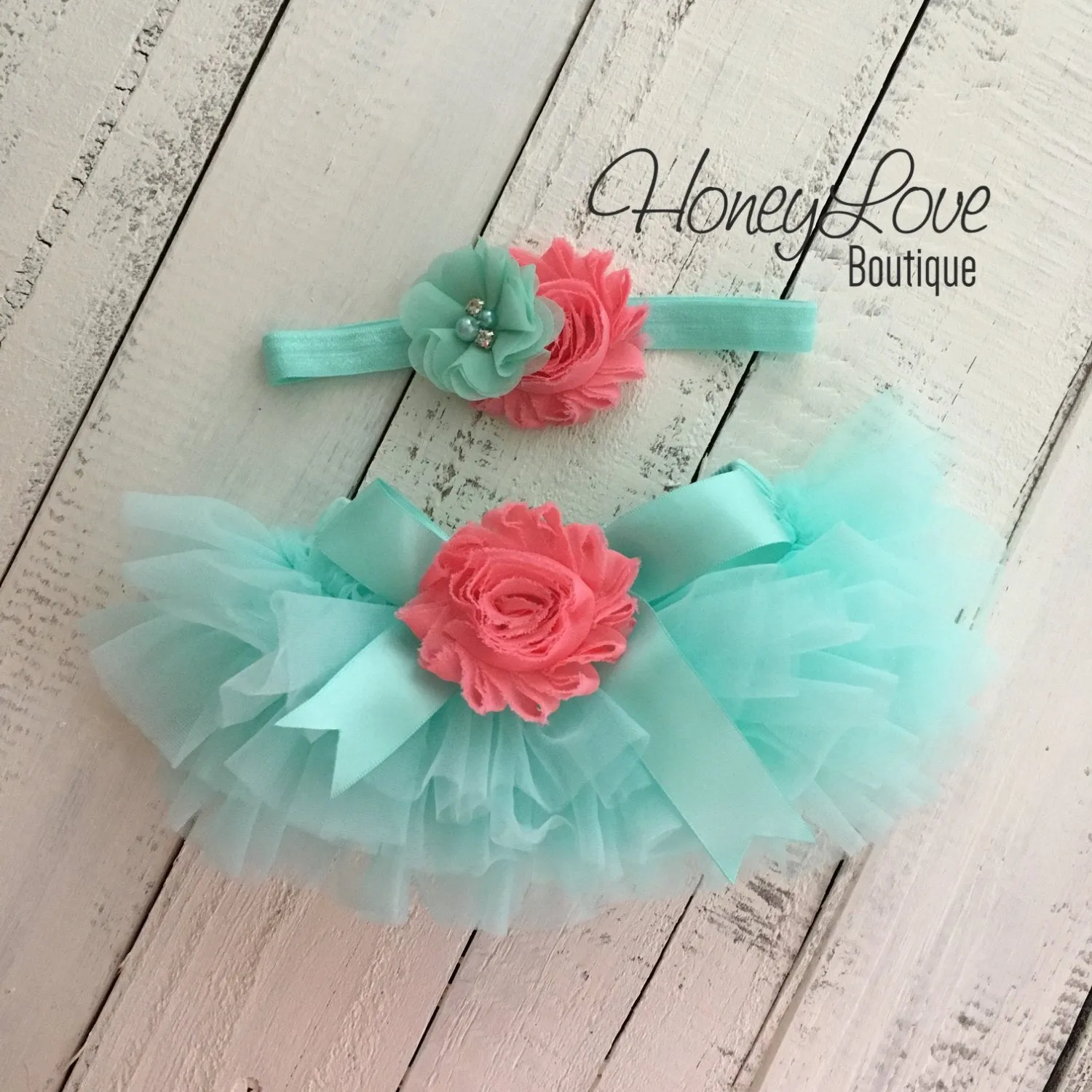 PERSONALIZED Name Outfit - Mint/Aqua and Silver Glitter - Coral flower embellished tutu skirt bloomers