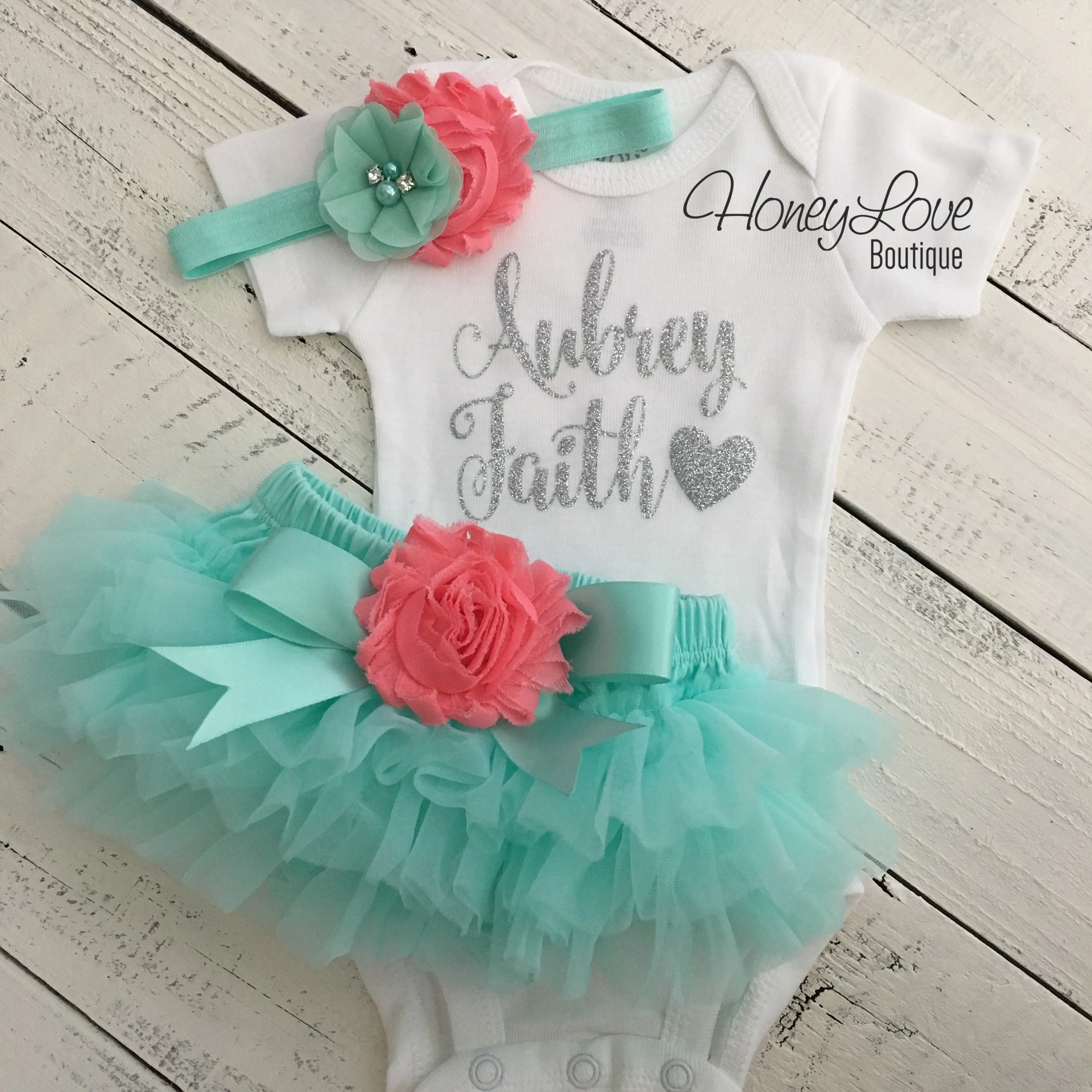 PERSONALIZED Name Outfit - Mint/Aqua and Silver Glitter - Coral flower embellished tutu skirt bloomers