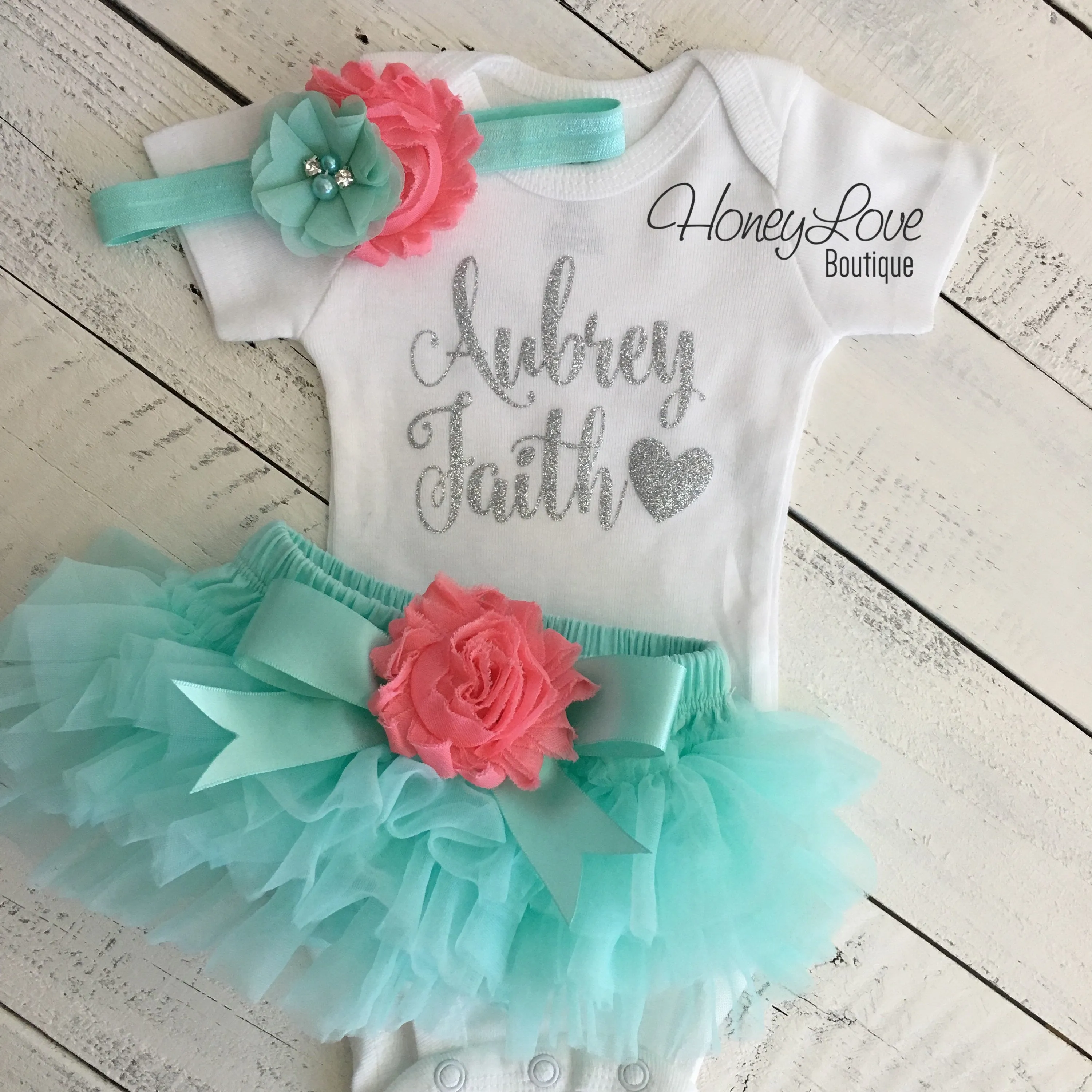 PERSONALIZED Name Outfit - Mint/Aqua and Silver Glitter - Coral flower embellished tutu skirt bloomers