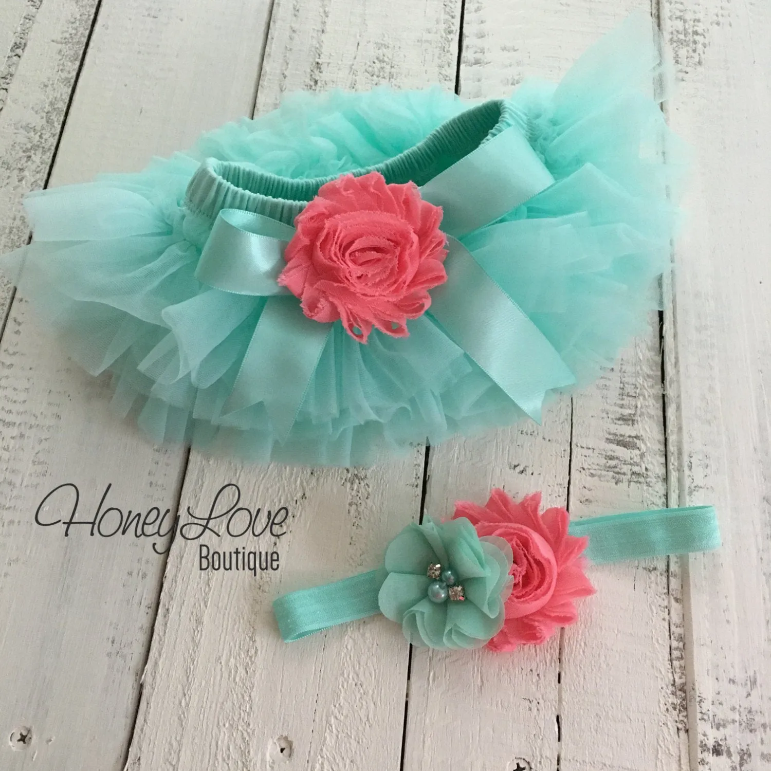 PERSONALIZED Name Outfit - Mint/Aqua and Silver Glitter - Coral flower embellished tutu skirt bloomers