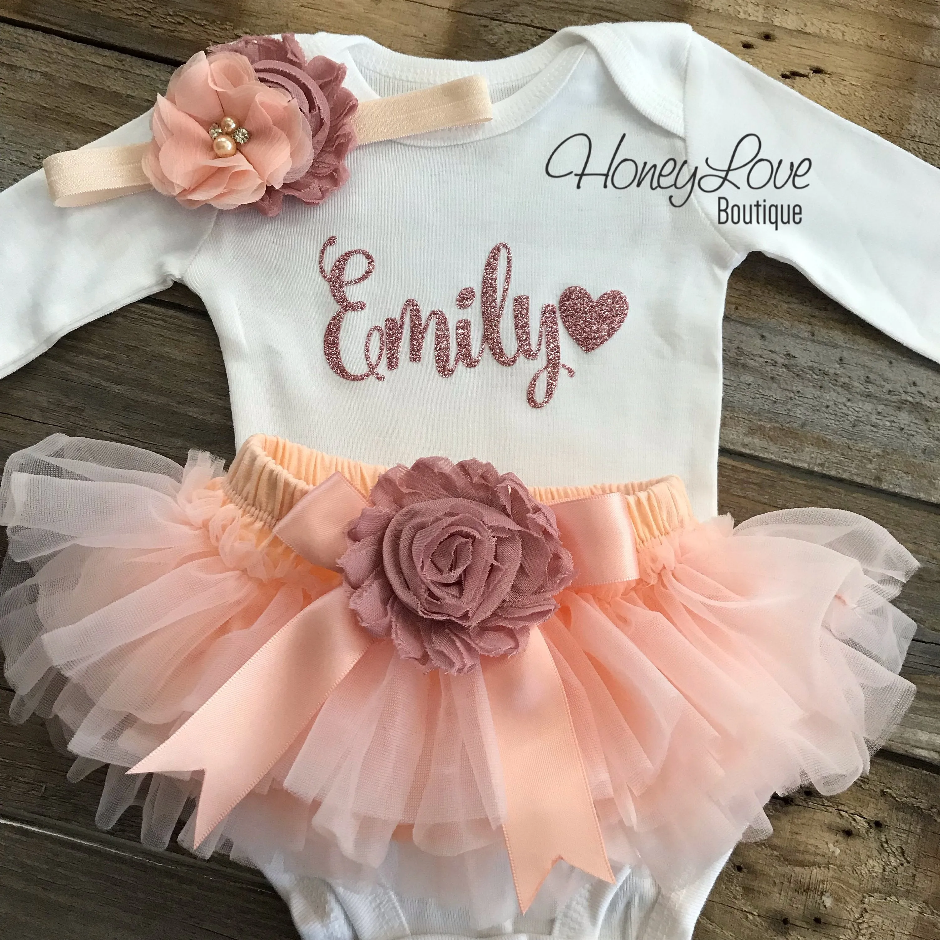 PERSONALIZED Name Outfit - Rose Gold glitter and Peach/Vintage Pink - embellished tutu skirt bloomers