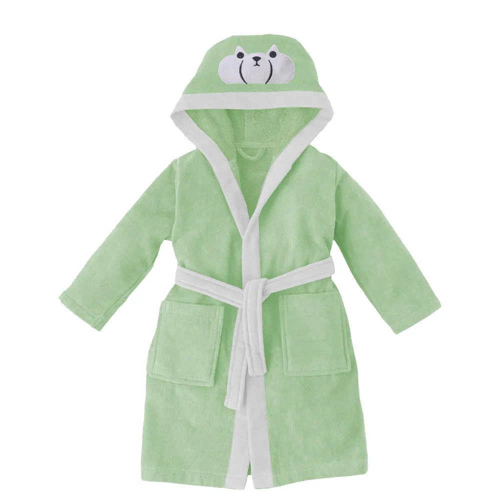 Polar Bear Embroidered Kids Bathrobe with Hood and Tie Up Belt - Mint