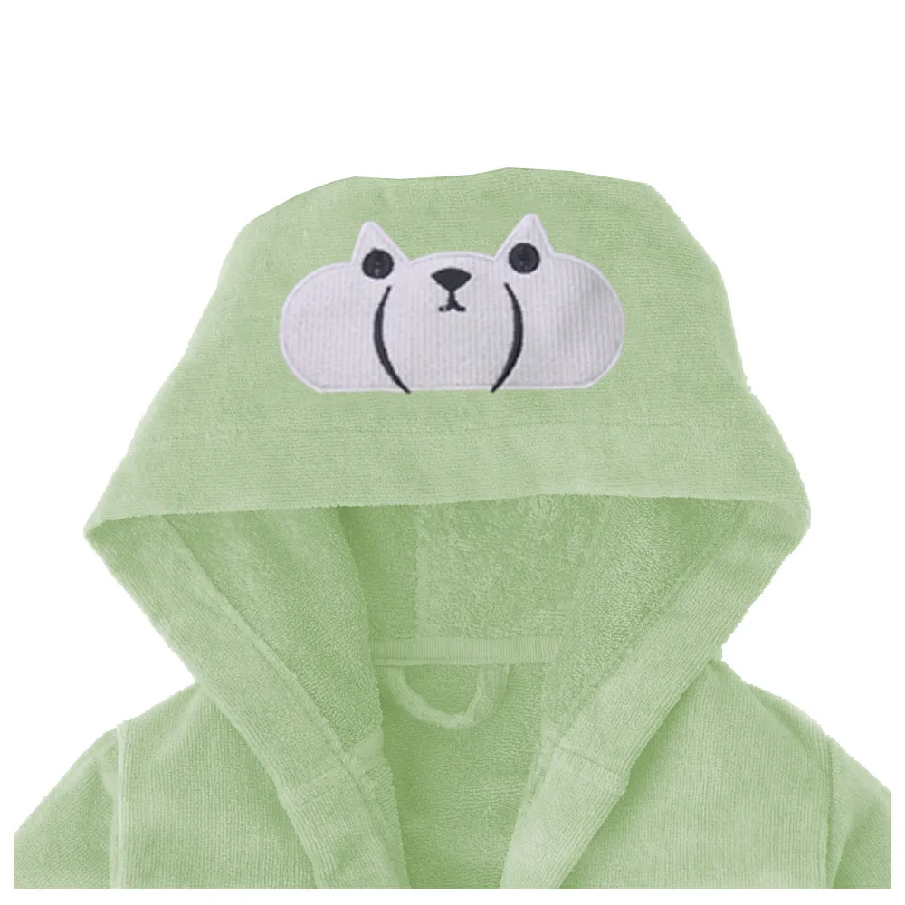 Polar Bear Embroidered Kids Bathrobe with Hood and Tie Up Belt - Mint