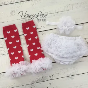 Red and White heart leg warmers, white flower headband, ruffle bottom bloomers