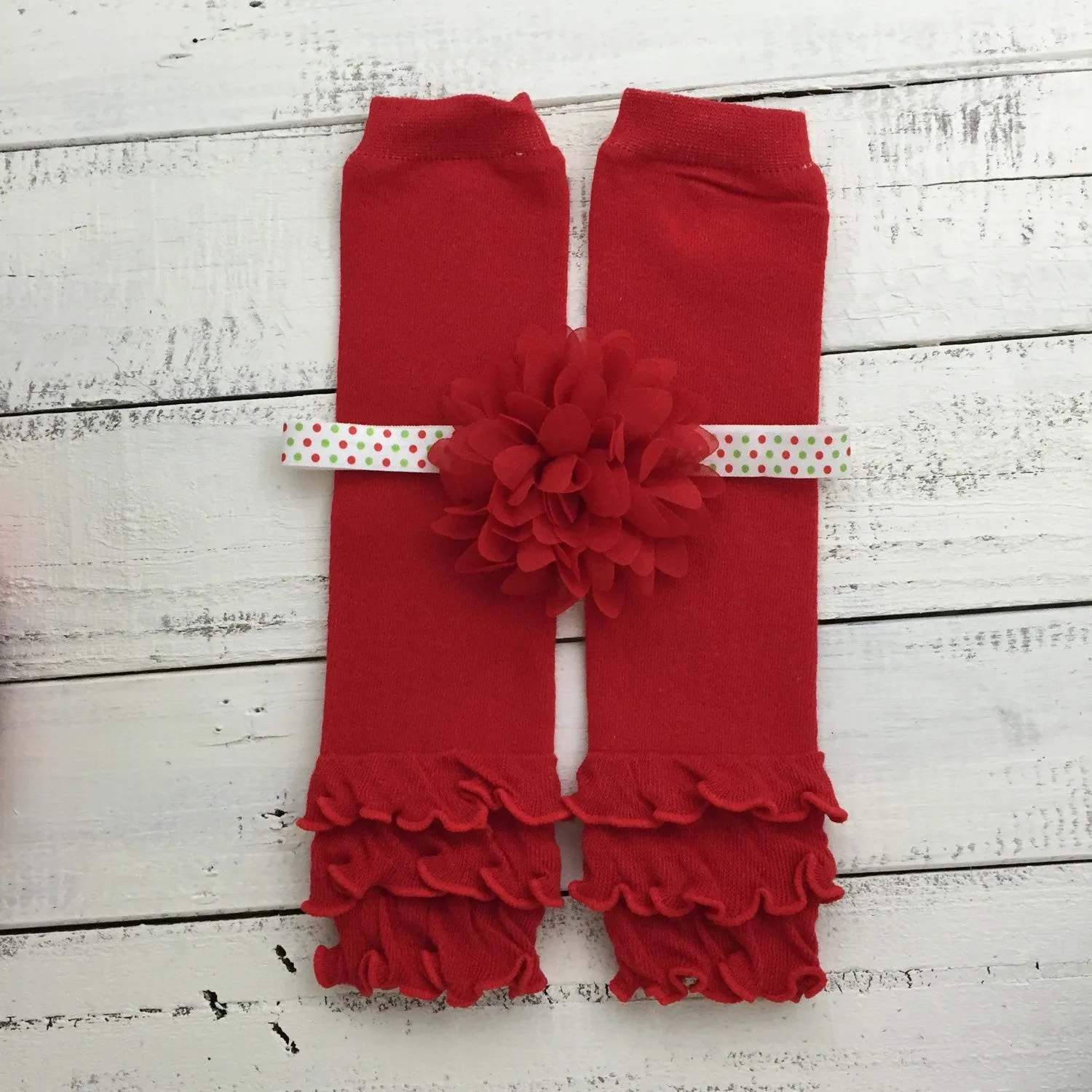 Red ruffle bottom leg warmers and choice of headband