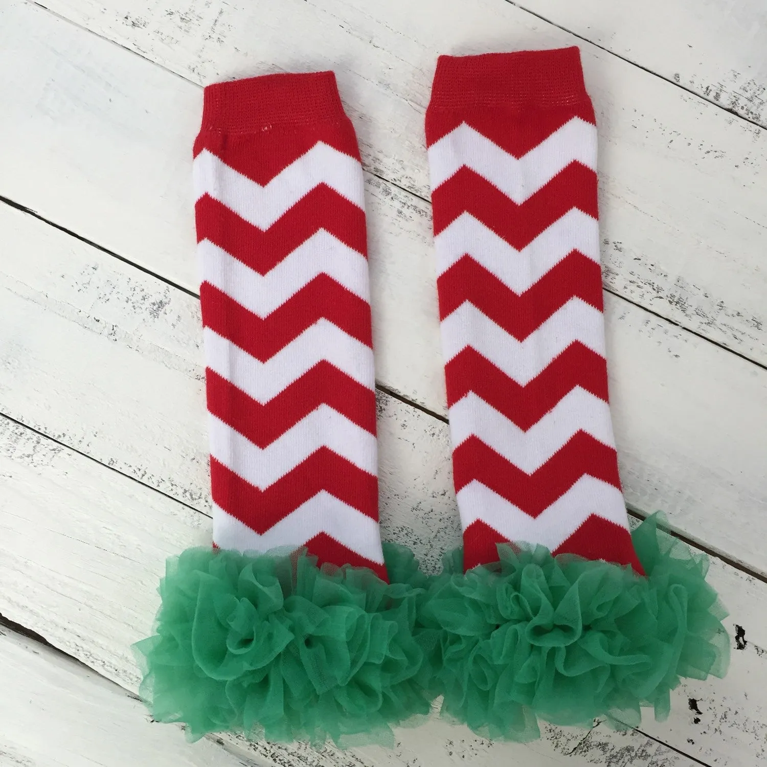 Red/White/Green Chevron leg warmers, matching headband, green ruffle bottom bloomers