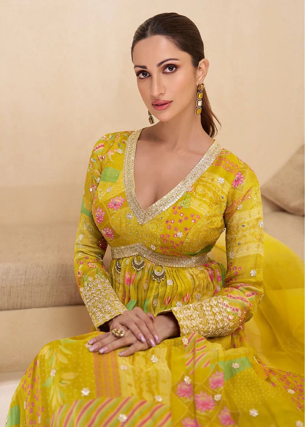 Sequins Work Embroidered Yellow Wedding Anarkali Gown