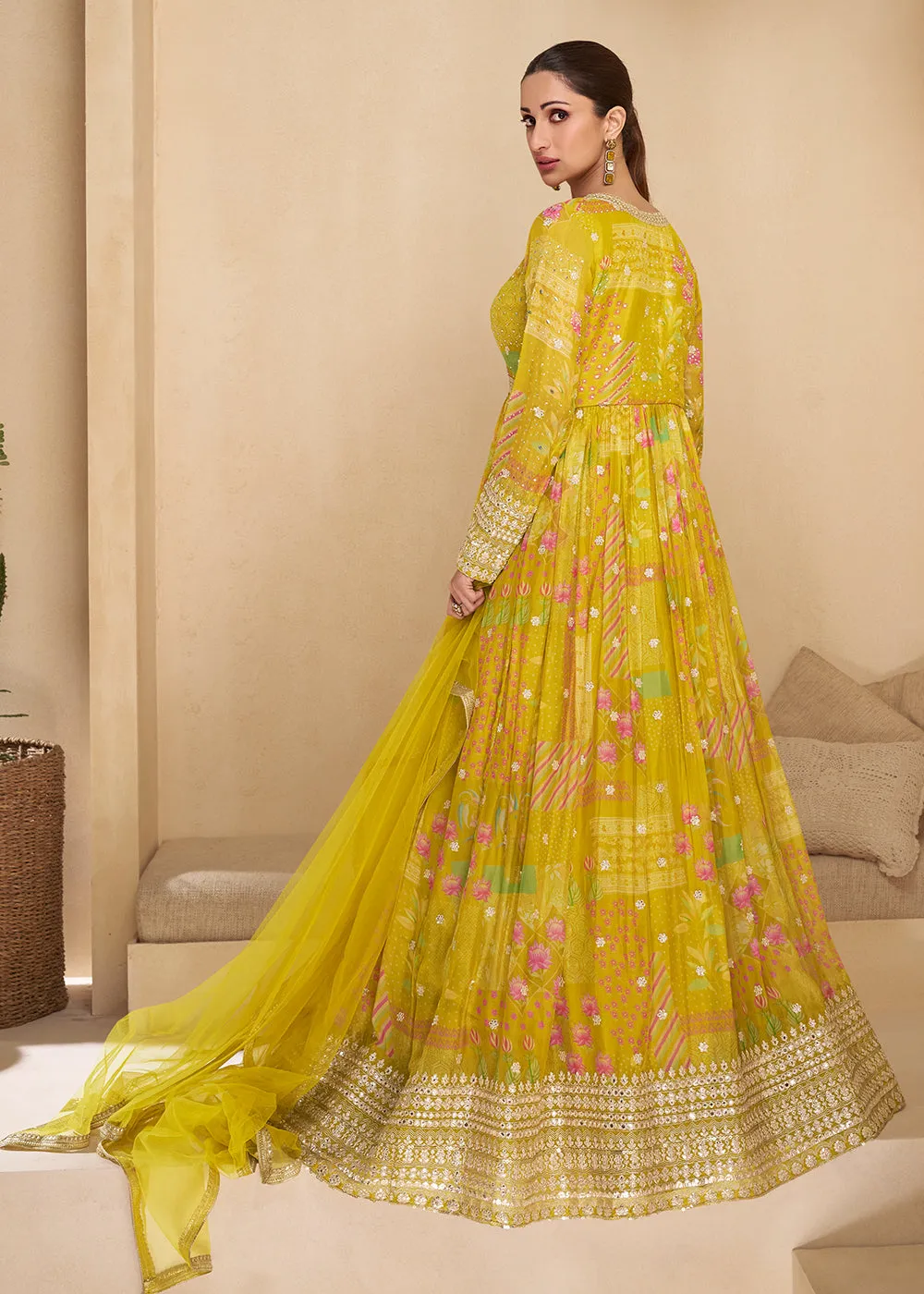 Sequins Work Embroidered Yellow Wedding Anarkali Gown