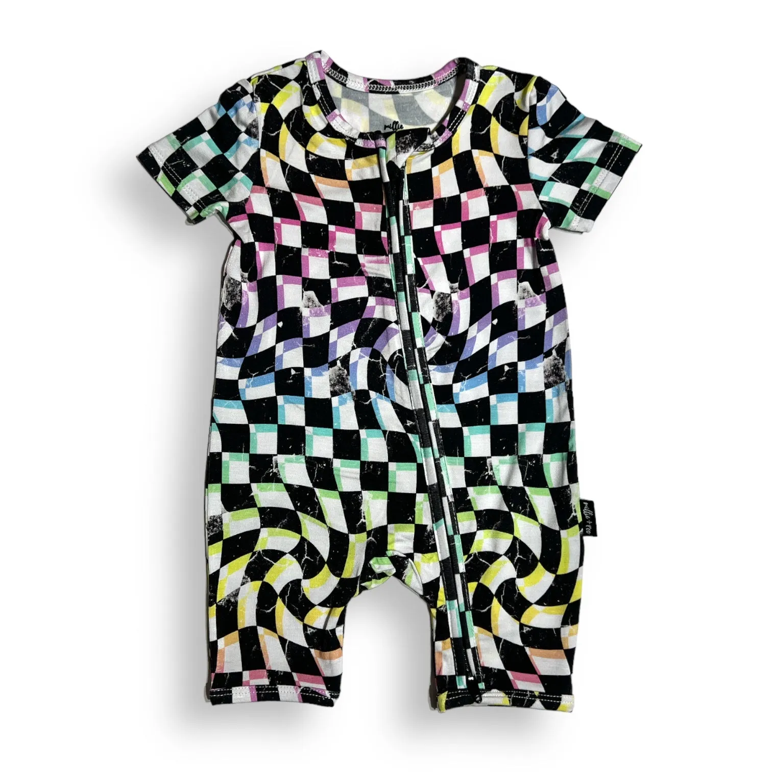 SHORTIE ZIP ROMPER - Neon Dizzy Check