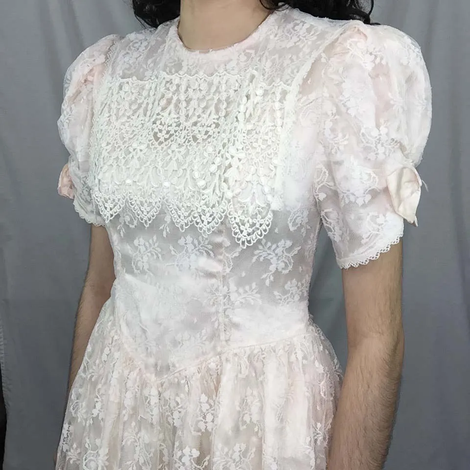 Vintage 80s | Prairie Dress Edwardian Lolita Gunne Sax Babydoll Floral Lace | XS