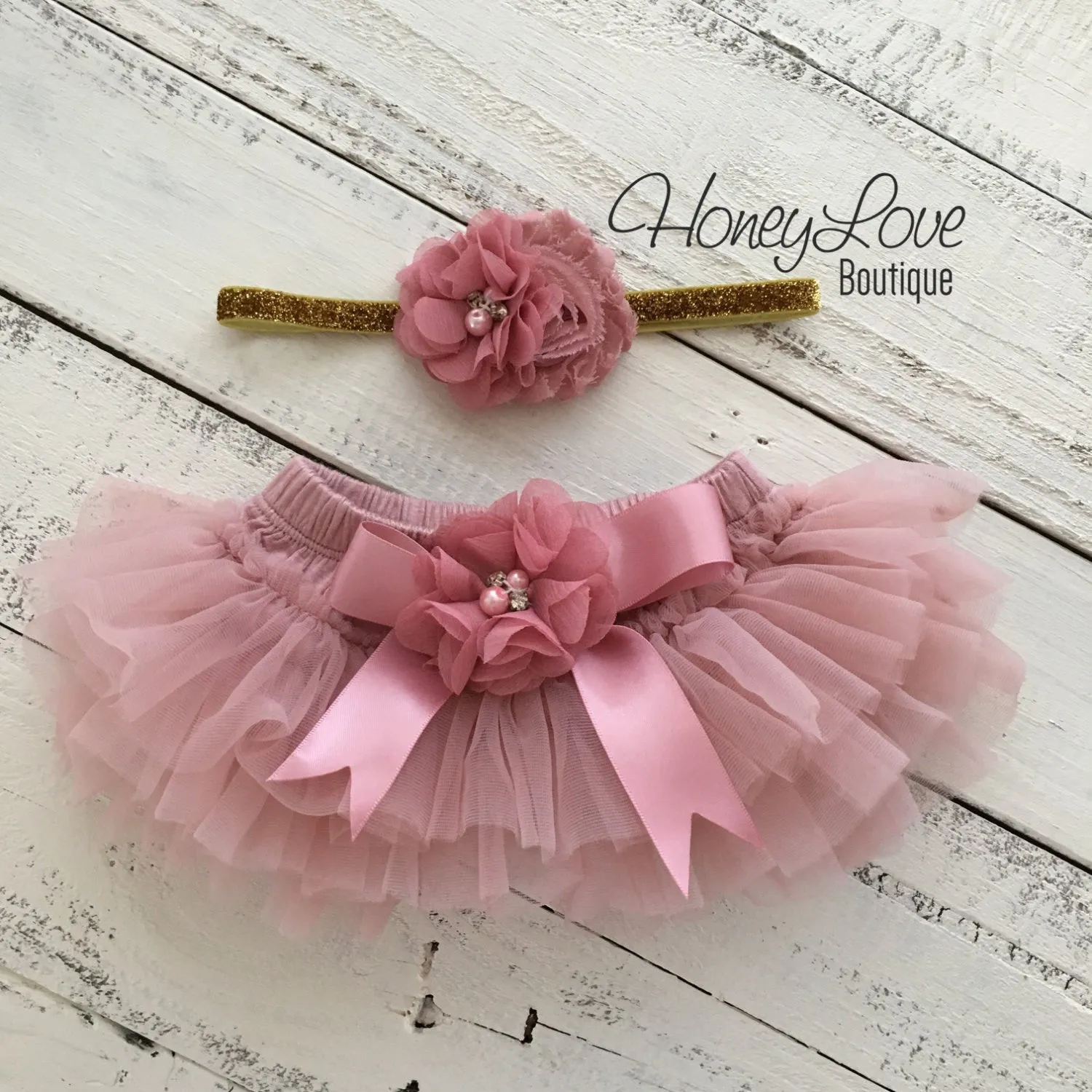 Vintage Pink tutu skirt bloomers and gold glitter headband - embellished bloomers