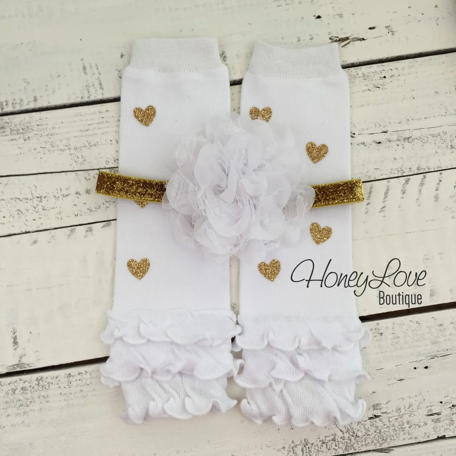 White and gold glitter heart ruffle bottom leg warmers and matching headband