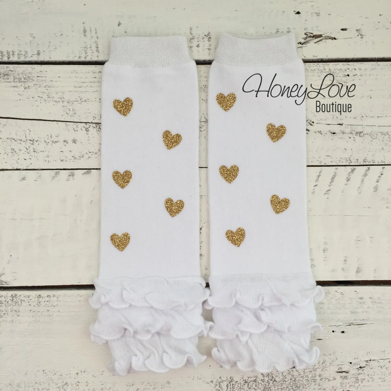 White and gold glitter heart ruffle bottom leg warmers and matching headband