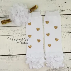 White and gold glitter heart ruffle bottom leg warmers and matching headband