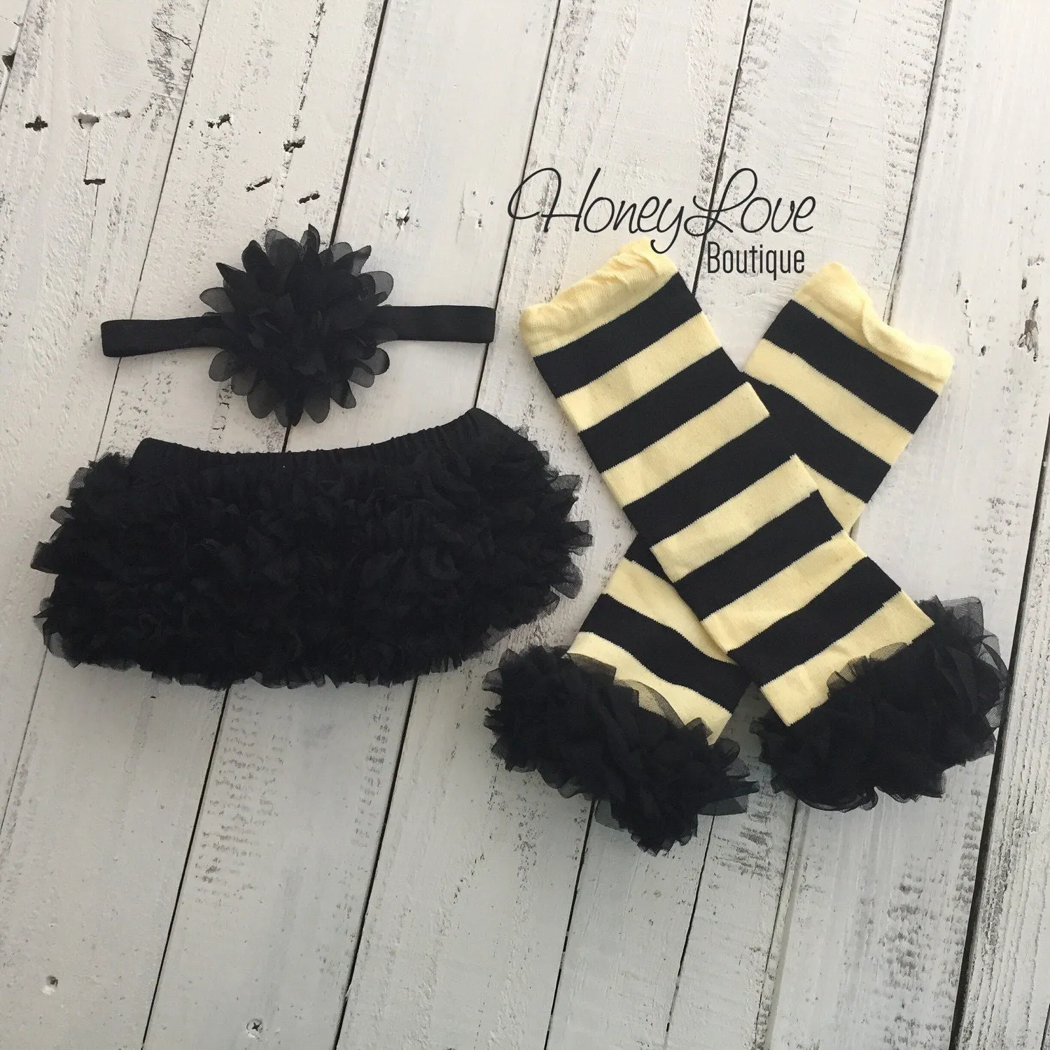 Yellow and Black Bumble Bee leg warmers, black ruffle bottom bloomer, matching flower headband